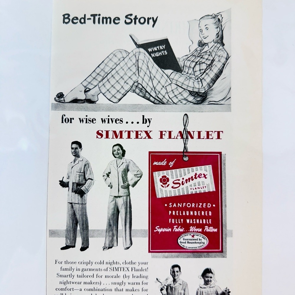 1949 Simtex Flanlet Pajamas - For Wise Wives - Original Retro PRINT AD